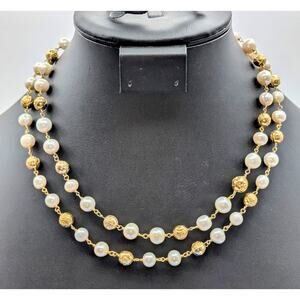 Vintage Gold Tone Rose Embossed Bead Genuine Pearl Double Strand Necklace